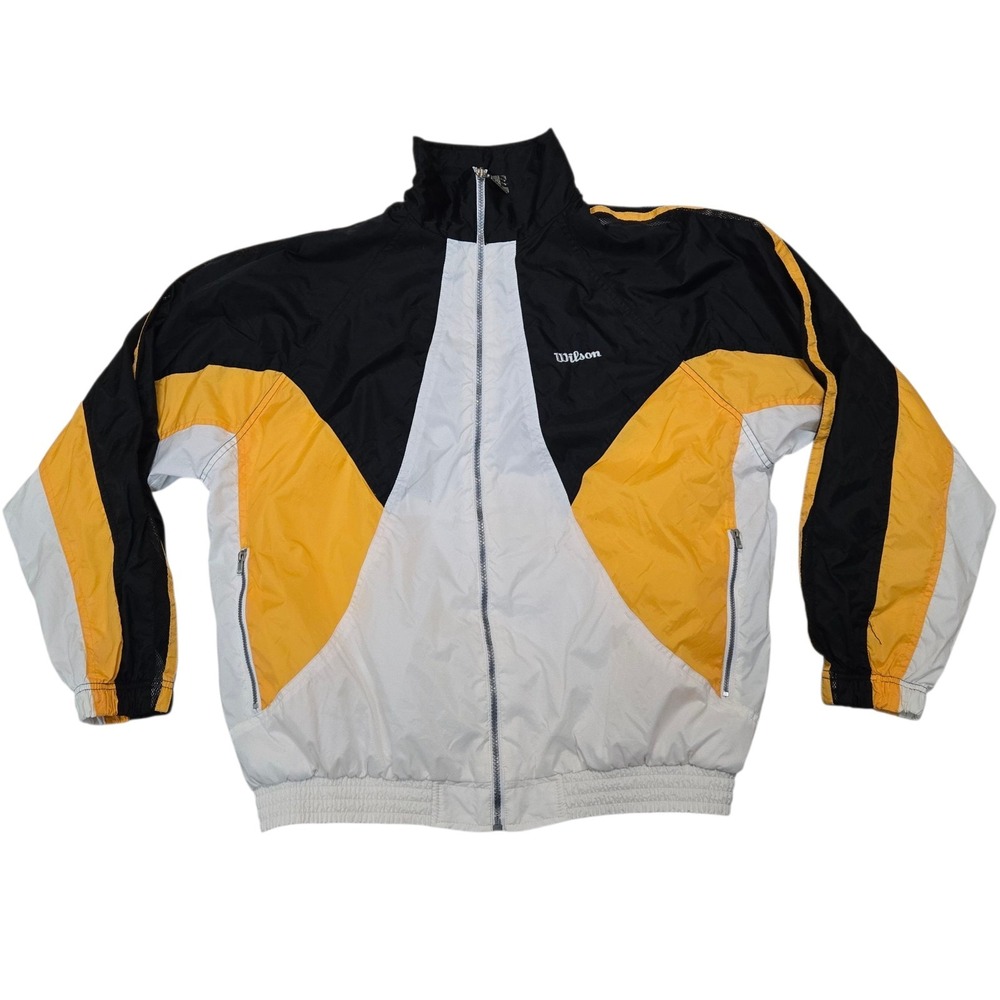 Vtg 90s Wilson Retro Tennis Jacket Windbreaker Black Yellow Lined Men's XL Nylon